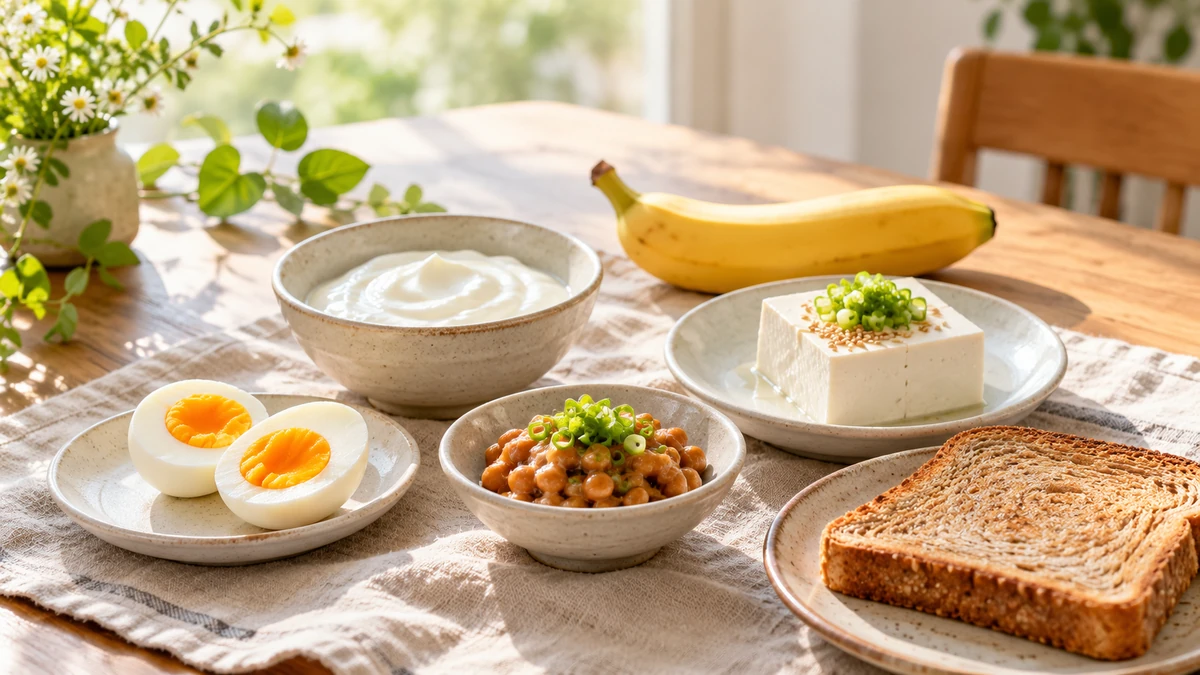 卵、ヨーグルト、豆腐、納豆、バナナ、全粒粉パンを並べた朝食
